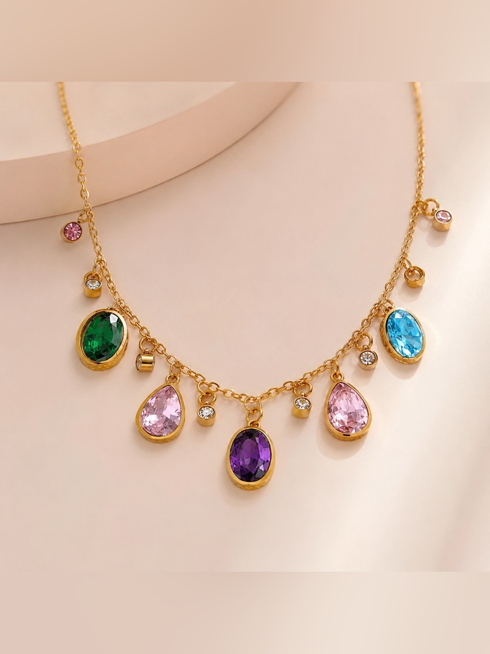 Rainbow Gemstone Charm Necklace – 18K Gold PVD Plated Stainless Steel